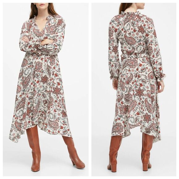 Banana Republic Womens Long Sleeve Voluminous Sleeve Midi Dress in Paisley Print - Picture 2 of 14